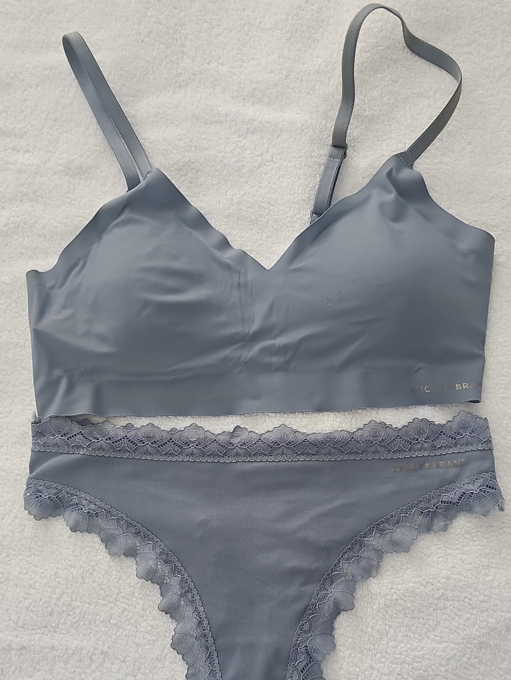 Lucky Brand Seamless Lace-Trim Bralette & Bikini Set — Slate Blue